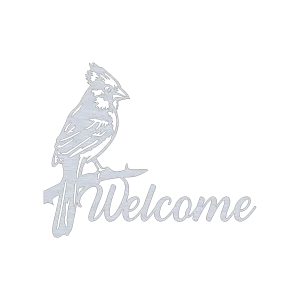 A precision-cut aluminum wall sign featuring the word 'Welcome' in elegant script, with a bird integrated into the design. The intricate details are highlighted against a black background.